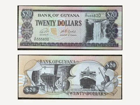 Guyana 20 Dollars Banknote UNC Kaieteur Falls Ferry Vessel Malali