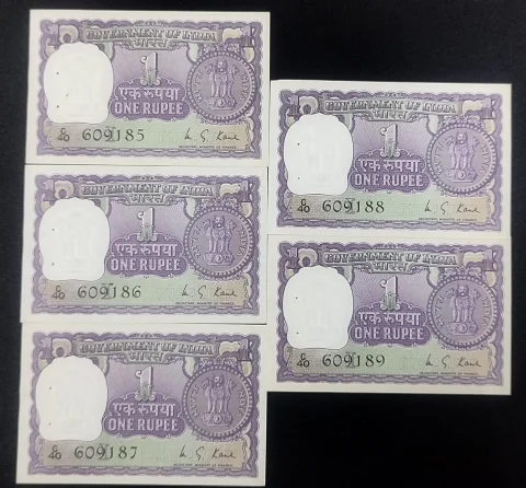 A-35 Rs 1(one) India Banknote Signed By M G Kaul Inset I 1996 Issue Very Unique and Rare Five piece Serial GEM UNC notes (C40 609185 to C40 609189). Same notes will be dispatched.