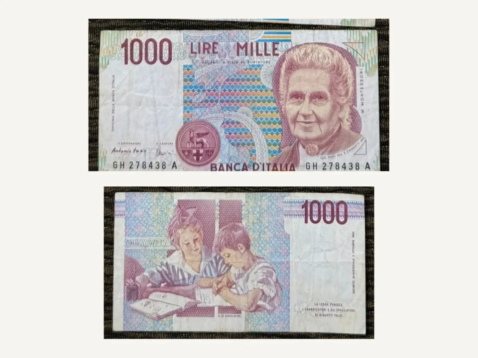 Italy 1000 Lire Banknote Maria Montessori Children Studying