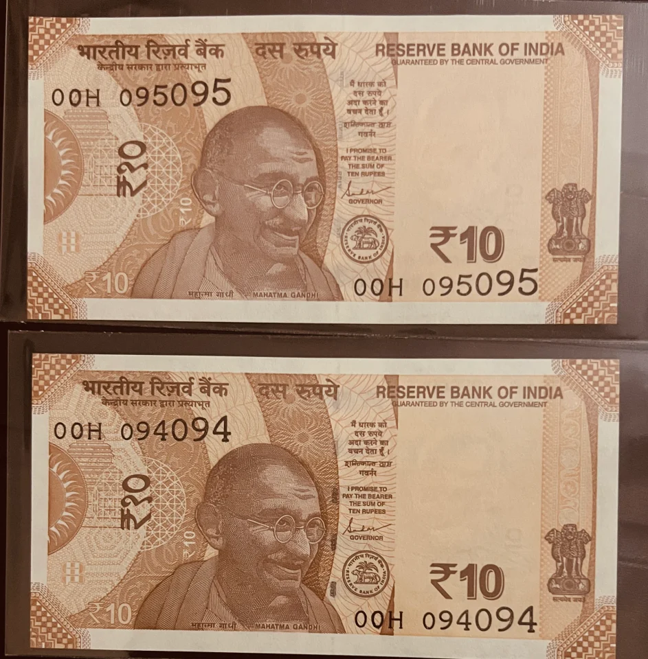 Ultra Low Doubling Serial 00 Prefix (10 Rupees/2 notes) GEM UNC