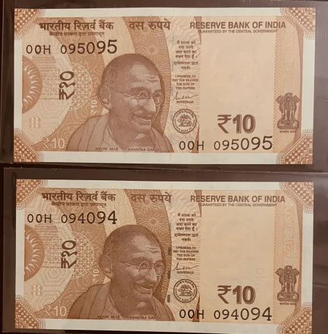 Ultra Low Doubling Serial 00 Prefix (10 Rupees/2 notes) GEM UNC