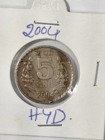 FIVE RUPEE, 2004 HYDERABAD MINT, RARE COIN, EXTRA FINE