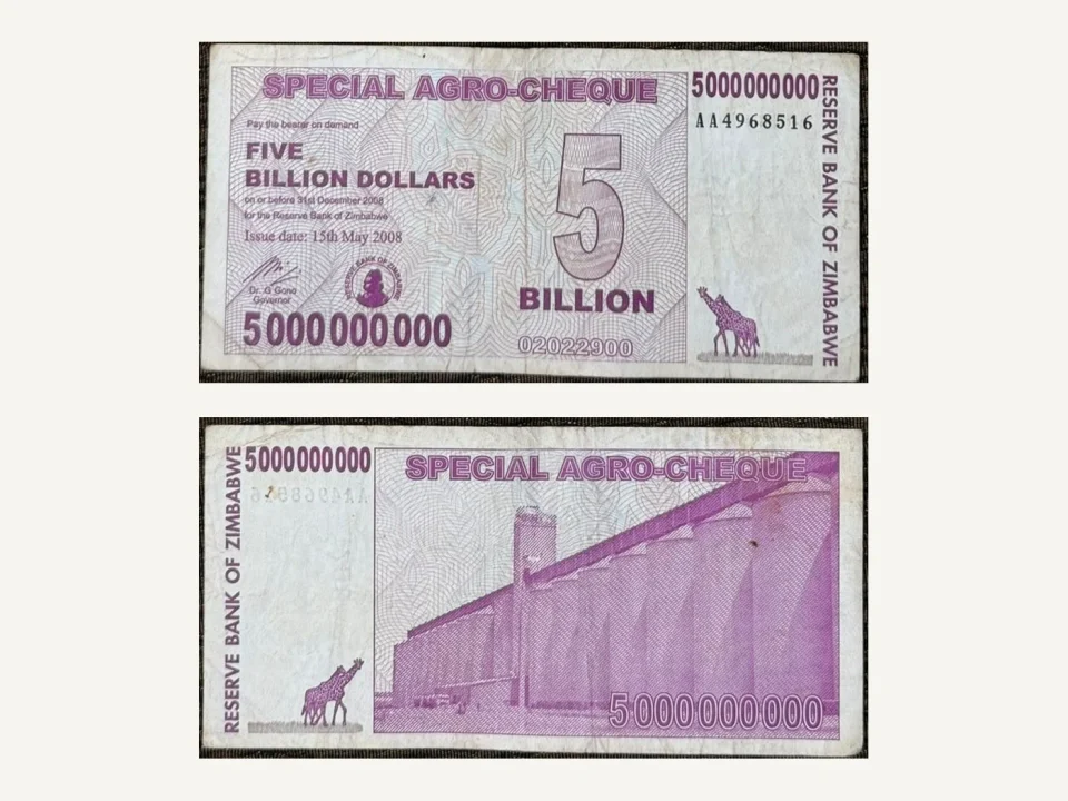 Zimbabwe 5 Billion Dollars Special Agro-Cheque 2008 Hyperinflation Grain Silos