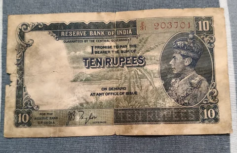 1938 British India 10 Rupees Note – King George VI (Governor J.B. Taylor Signature) — photo 1 of 2